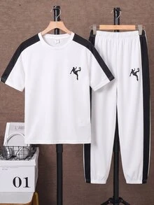 SHEIN 青少年男孩休閒日常舒適印花圖案圓領寬鬆短袖T恤與直筒印花撞色針織長褲套裝 - 白色 - 查看 1