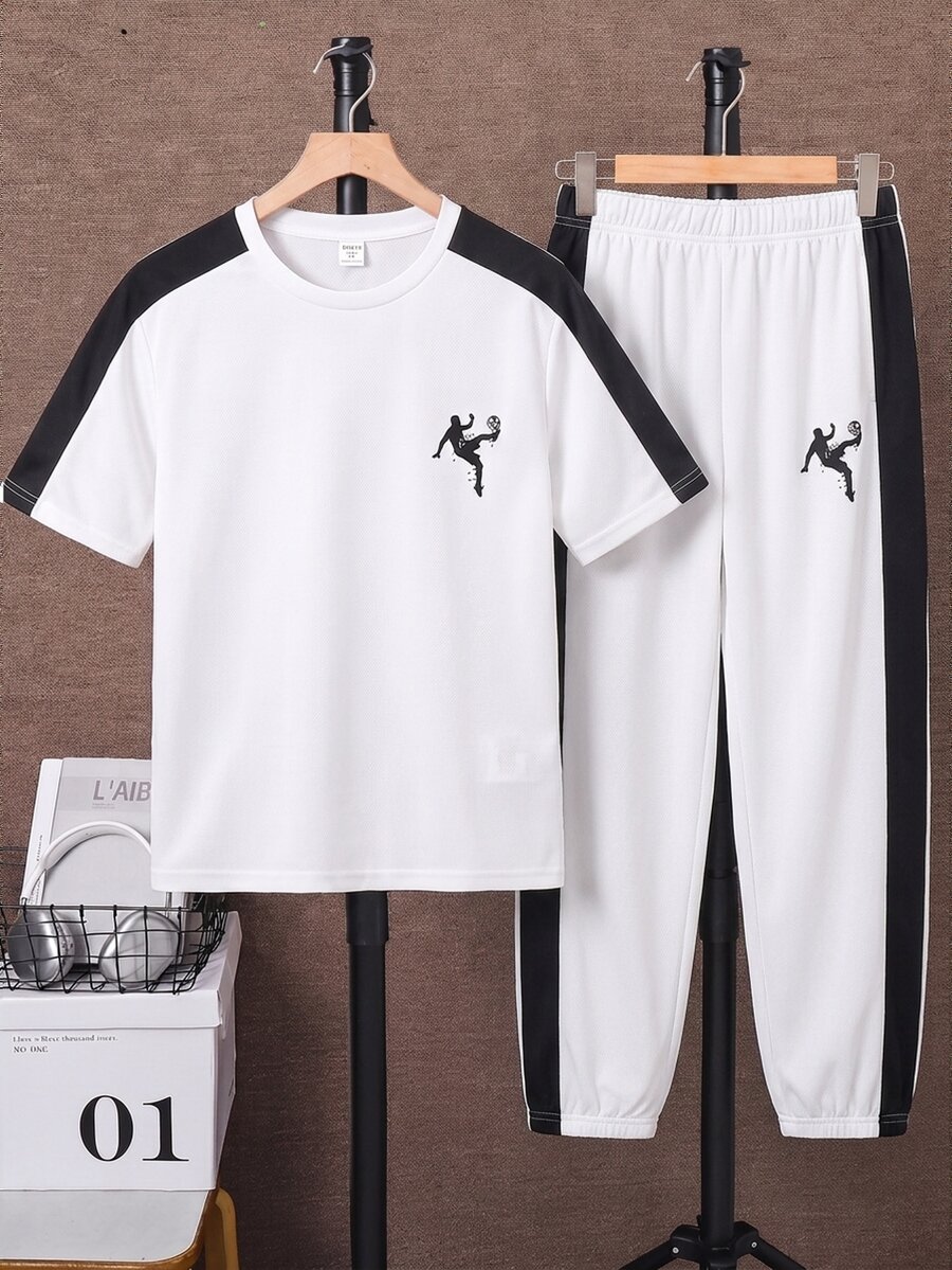 SHEIN 青少年男孩休閒日常舒適印花圖案圓領寬鬆短袖T恤與直筒印花撞色針織長褲套裝 - 白色 - 查看 1