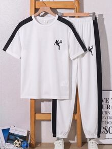 SHEIN 青少年男孩休閒日常舒適印花圖案圓領寬鬆短袖T恤與直筒印花撞色針織長褲套裝 - 白色 - 查看 6