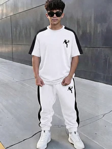 SHEIN 青少年男孩休閒日常舒適印花圖案圓領寬鬆短袖T恤與直筒印花撞色針織長褲套裝 - 白色 - 查看 5