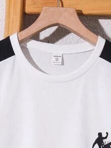 SHEIN 青少年男孩休閒日常舒適印花圖案圓領寬鬆短袖T恤與直筒印花撞色針織長褲套裝 - 白色 - 查看 4