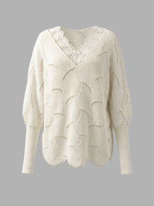 EMERY ROSE Women's All-Season Lace Trim V-Neck Drop Shoulder Dropped Shoulder Ribbed Cuff Loose Elegant Casual Sweater - White - View 6