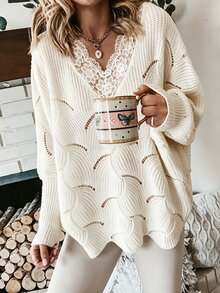 EMERY ROSE Women's All-Season Lace Trim V-Neck Drop Shoulder Dropped Shoulder Ribbed Cuff Loose Elegant Casual Sweater - White - View 2