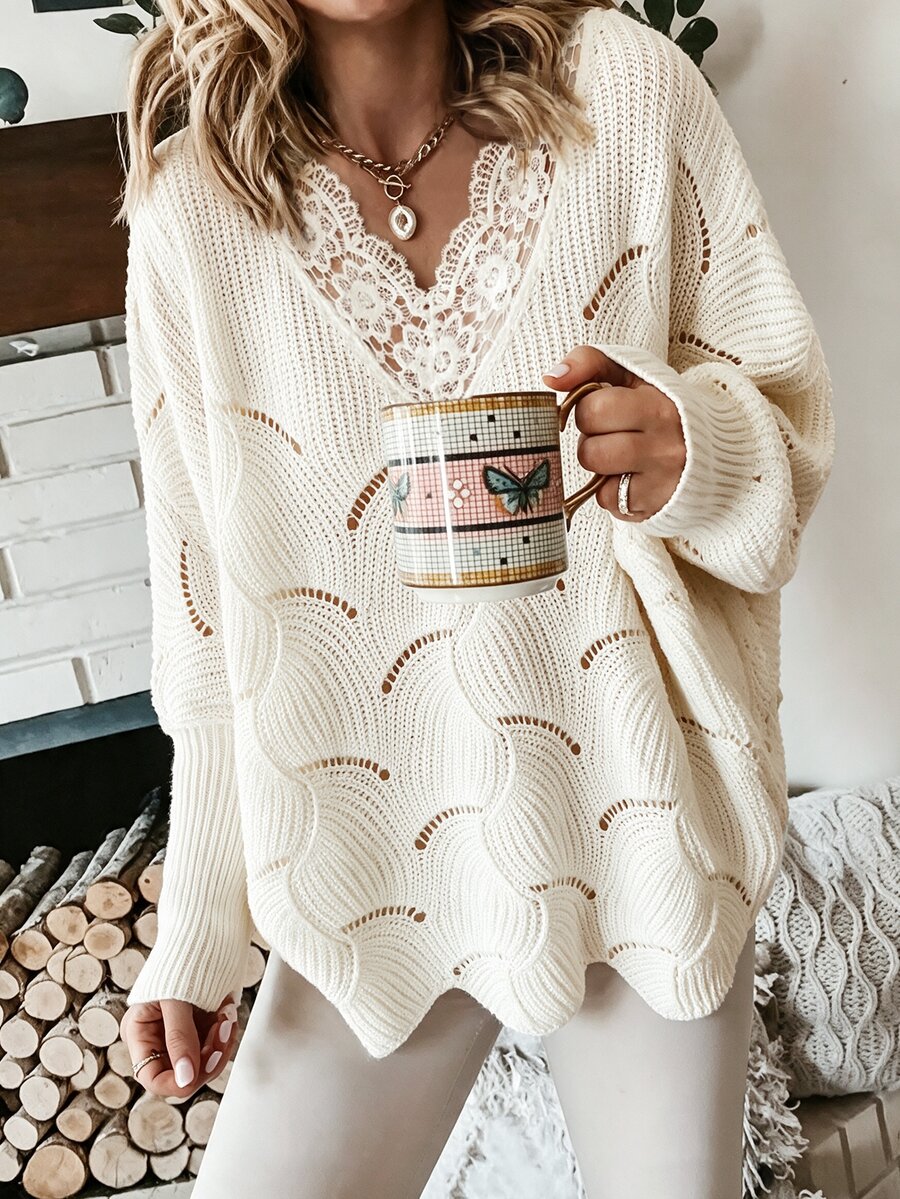EMERY ROSE Women's All-Season Lace Trim V-Neck Drop Shoulder Dropped Shoulder Ribbed Cuff Loose Elegant Casual Sweater