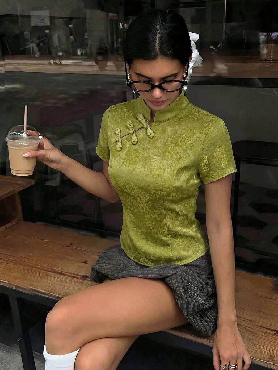 Aloruh Apricot New Chinese Style Frog Button Stand Collar Short Sleeve Waist-Cinching Spring Summer New Women's Blouse - Green - View 1