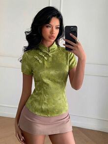 Aloruh Apricot New Chinese Style Frog Button Stand Collar Short Sleeve Waist-Cinching Spring Summer New Women's Blouse - Green - View 5