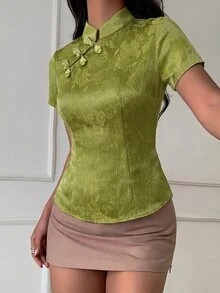 Aloruh Apricot New Chinese Style Frog Button Stand Collar Short Sleeve Waist-Cinching Spring Summer New Women's Blouse - Green - View 7