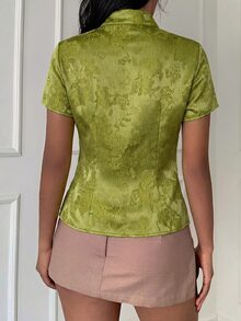 Aloruh Apricot New Chinese Style Frog Button Stand Collar Short Sleeve Waist-Cinching Spring Summer New Women's Blouse - Green - View 2