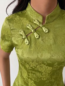 Aloruh Apricot New Chinese Style Frog Button Stand Collar Short Sleeve Waist-Cinching Spring Summer New Women's Blouse - Green - View 3