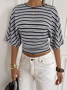 Aloruh Women's Striped Round Neck Batwing Short Sleeve Casual T-Shirt - Navy Blue - View 5