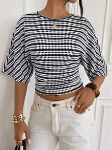 Aloruh Women's Striped Round Neck Batwing Short Sleeve Casual T-Shirt - Navy Blue - View 6