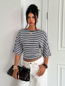Aloruh Women's Striped Round Neck Batwing Short Sleeve Casual T-Shirt - Navy Blue - View 7