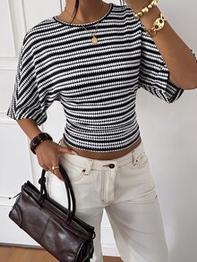 Aloruh Women's Striped Round Neck Batwing Short Sleeve Casual T-Shirt - Navy Blue - View 4
