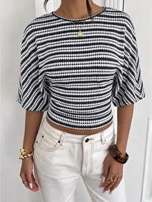 Aloruh Women's Striped Round Neck Batwing Short Sleeve Casual T-Shirt - Navy Blue - View 3