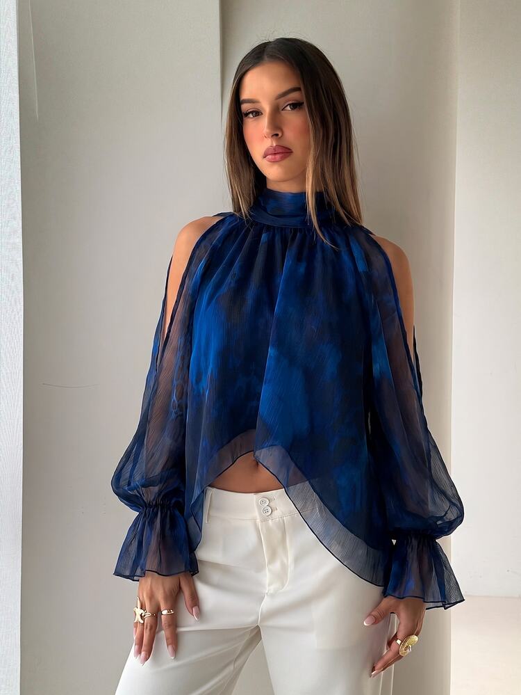Aloruh Boho Stand Collar Tie Long Sleeve Flared Asymmetrical Hem Chiffon Printed Women's Blouse - Navy Blue - View 3
