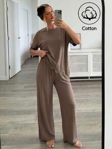 Aloruh Women's Solid Color Contrast Lace Hem T-Shirt And Long Pants 2 Pieces Set - Mocha Brown - View 5
