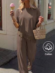 Aloruh Women's Solid Color Contrast Lace Hem T-Shirt And Long Pants 2 Pieces Set - Mocha Brown - View 8