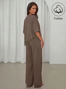 Aloruh Women's Solid Color Contrast Lace Hem T-Shirt And Long Pants 2 Pieces Set - Mocha Brown - View 2