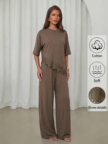 Aloruh Women's Solid Color Contrast Lace Hem T-Shirt And Long Pants 2 Pieces Set - Mocha Brown - View 7