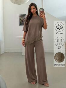 Aloruh Women's Solid Color Contrast Lace Hem T-Shirt And Long Pants 2 Pieces Set - Mocha Brown - View 3
