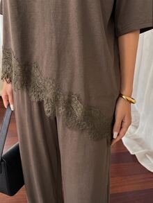 Aloruh Women's Solid Color Contrast Lace Hem T-Shirt And Long Pants 2 Pieces Set - Mocha Brown - View 4