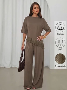 Aloruh Women's Solid Color Contrast Lace Hem T-Shirt And Long Pants 2 Pieces Set - Mocha Brown - View 6