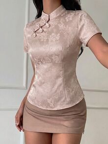 Aloruh 杏色新中式青蛙鈕扣立領短袖收腰春/夏新款女式襯衫 - 粉色 - 查看 7