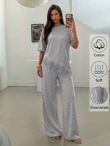 Aloruh Setelan Kasual 2 Potong Wanita: Kaos dan Celana Panjang dengan Detail Renda Kontras di Bagian Bawah dan Kerah Bulat - Light Grey - View 3