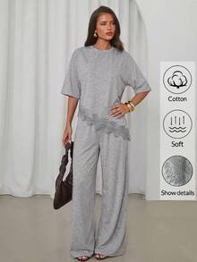Aloruh Setelan Kasual 2 Potong Wanita: Kaos dan Celana Panjang dengan Detail Renda Kontras di Bagian Bawah dan Kerah Bulat - Light Grey - View 6