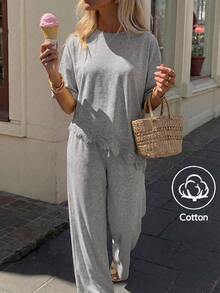 Aloruh Setelan Kasual 2 Potong Wanita: Kaos dan Celana Panjang dengan Detail Renda Kontras di Bagian Bawah dan Kerah Bulat - Light Grey - View 8