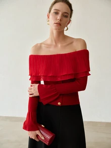 MOTF PREMIUM SPRING/SUMMER MINIMALIST SEXY GENTLE DATE VIBE RIBBED KNIT SWEATER, DOUBLE LAYER RUFFLE OFF-SHOULDER BELL SLEEVE CINCHED WAIST RED CROPPED TOP - Red - View 5