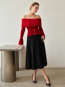 MOTF PREMIUM SPRING/SUMMER MINIMALIST SEXY GENTLE DATE VIBE RIBBED KNIT SWEATER, DOUBLE LAYER RUFFLE OFF-SHOULDER BELL SLEEVE CINCHED WAIST RED CROPPED TOP - Red - View 7