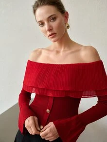 MOTF PREMIUM SPRING/SUMMER MINIMALIST SEXY GENTLE DATE VIBE RIBBED KNIT SWEATER, DOUBLE LAYER RUFFLE OFF-SHOULDER BELL SLEEVE CINCHED WAIST RED CROPPED TOP - Red - View 8