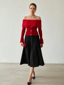 MOTF PREMIUM SPRING/SUMMER MINIMALIST SEXY GENTLE DATE VIBE RIBBED KNIT SWEATER, DOUBLE LAYER RUFFLE OFF-SHOULDER BELL SLEEVE CINCHED WAIST RED CROPPED TOP - Red - View 9