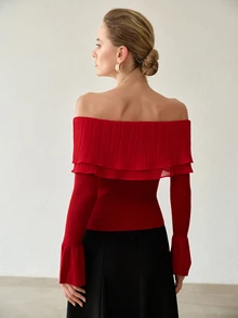 MOTF PREMIUM SPRING/SUMMER MINIMALIST SEXY GENTLE DATE VIBE RIBBED KNIT SWEATER, DOUBLE LAYER RUFFLE OFF-SHOULDER BELL SLEEVE CINCHED WAIST RED CROPPED TOP - Red - View 4