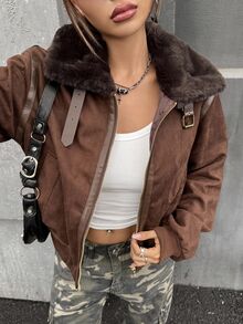 SHEIN ICON Vintage Motorcycle Style Faux Fur Collar Patchwork Short Jacket Brown Jacket Women Suede Jacket In Fall/Winter - Brown - View 4