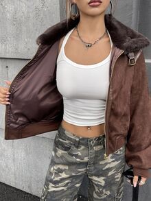 SHEIN ICON Vintage Motorcycle Style Faux Fur Collar Patchwork Short Jacket Brown Jacket Women Suede Jacket In Fall/Winter - Brown - View 8