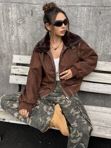 SHEIN ICON Vintage Motorcycle Style Faux Fur Collar Patchwork Short Jacket Brown Jacket Women Suede Jacket In Fall/Winter - Brown - View 6