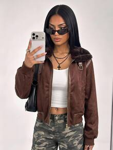 SHEIN ICON Vintage Motorcycle Style Faux Fur Collar Patchwork Short Jacket Brown Jacket Women Suede Jacket In Fall/Winter - Brown - View 7