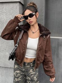 SHEIN ICON Vintage Motorcycle Style Faux Fur Collar Patchwork Short Jacket Brown Jacket Women Suede Jacket In Fall/Winter - Brown - View 3