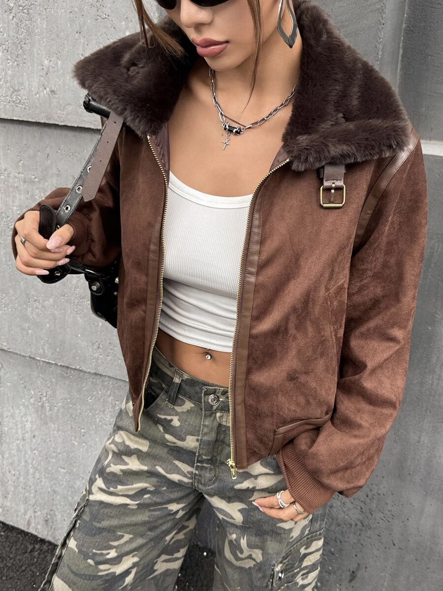 SHEIN ICON Vintage Motorcycle Style Faux Fur Collar Patchwork Short Jacket Brown Jacket Women Suede Jacket In Fall/Winter - Brown - View 1