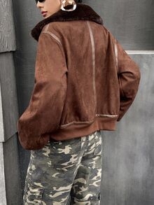 SHEIN ICON Vintage Motorcycle Style Faux Fur Collar Patchwork Short Jacket Brown Jacket Women Suede Jacket In Fall/Winter - Brown - View 2