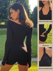 Fluxe Women Halter Neck Long Sleeve Romper Built In Removable Bra Pad UV Protection High Stretch Soft Comfortable Black Mesh Panel Bodycon Jumpsuit Gym - Black - View 6