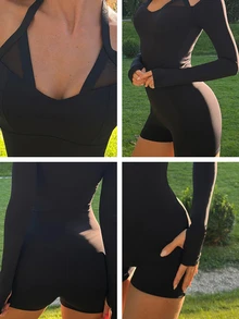 Fluxe Women Halter Neck Long Sleeve Romper Built In Removable Bra Pad UV Protection High Stretch Soft Comfortable Black Mesh Panel Bodycon Jumpsuit Gym - Black - View 8
