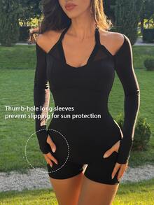 Fluxe Women Halter Neck Long Sleeve Romper Built In Removable Bra Pad UV Protection High Stretch Soft Comfortable Black Mesh Panel Bodycon Jumpsuit Gym - Black - View 7
