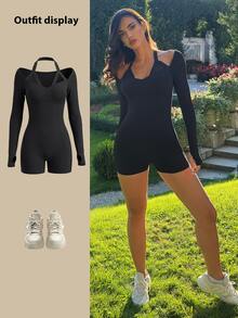 Fluxe Women Halter Neck Long Sleeve Romper Built In Removable Bra Pad UV Protection High Stretch Soft Comfortable Black Mesh Panel Bodycon Jumpsuit Gym - Black - View 13