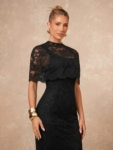 Lumalex Neues Angola Rot Schal Design Taillenbetontes ausgestelltes Spitzenkleid - Schwarz - Übersicht 4