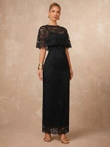 Lumalex Neues Angola Rot Schal Design Taillenbetontes ausgestelltes Spitzenkleid - Schwarz - Übersicht 6