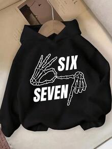 (1件)青少年女孩 SIX SEVEN 字母圖案印花連帽衛衣 長袖休閒時尚極簡黑色秋冬日常上衣 - 黑色 - 查看 2