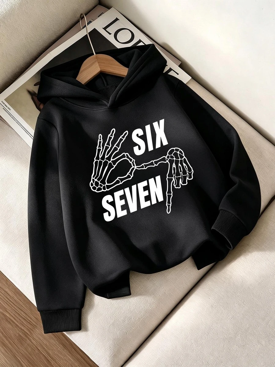 (1件)青少年女孩 SIX SEVEN 字母圖案印花連帽衛衣 長袖休閒時尚極簡黑色秋冬日常上衣 - 黑色 - 查看 1